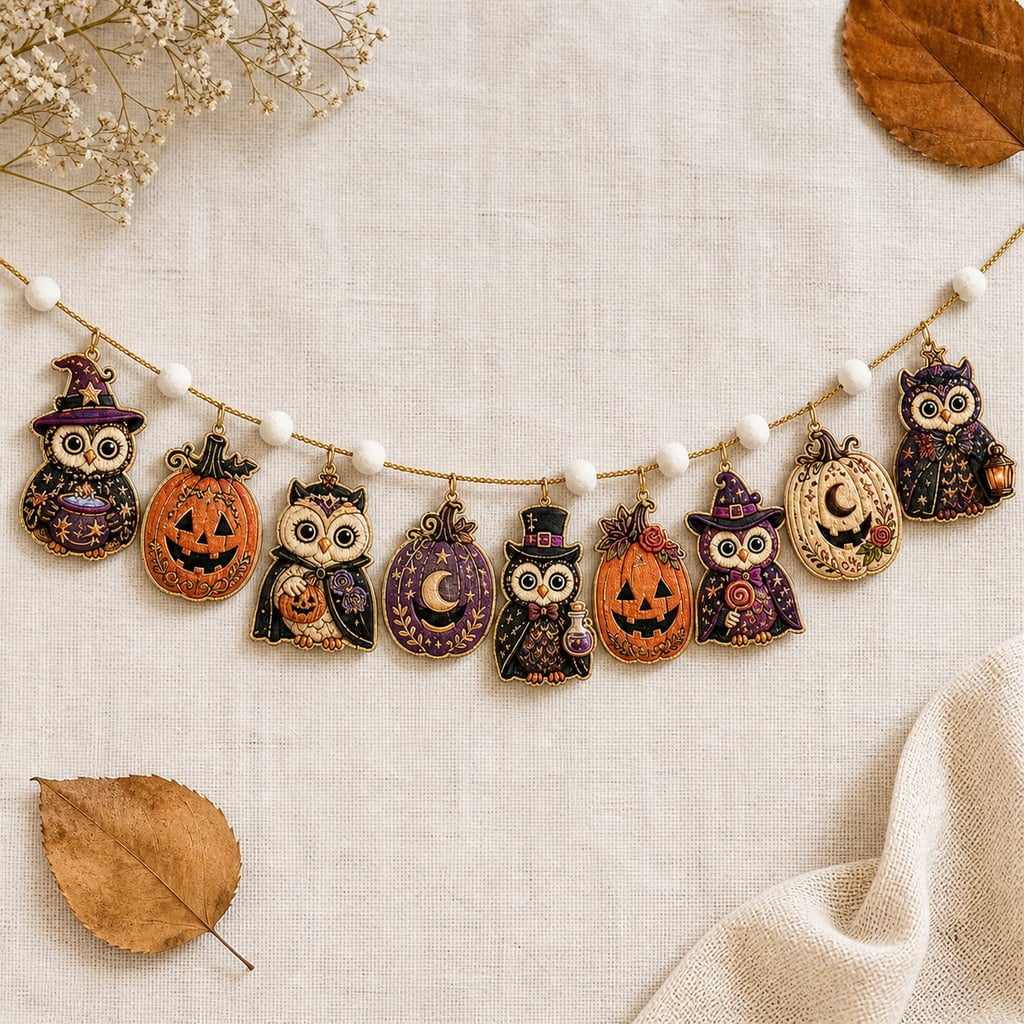Garland Witch Owl Pumpkin Wooden Mantel Wall Hanging Halloween Home Decor