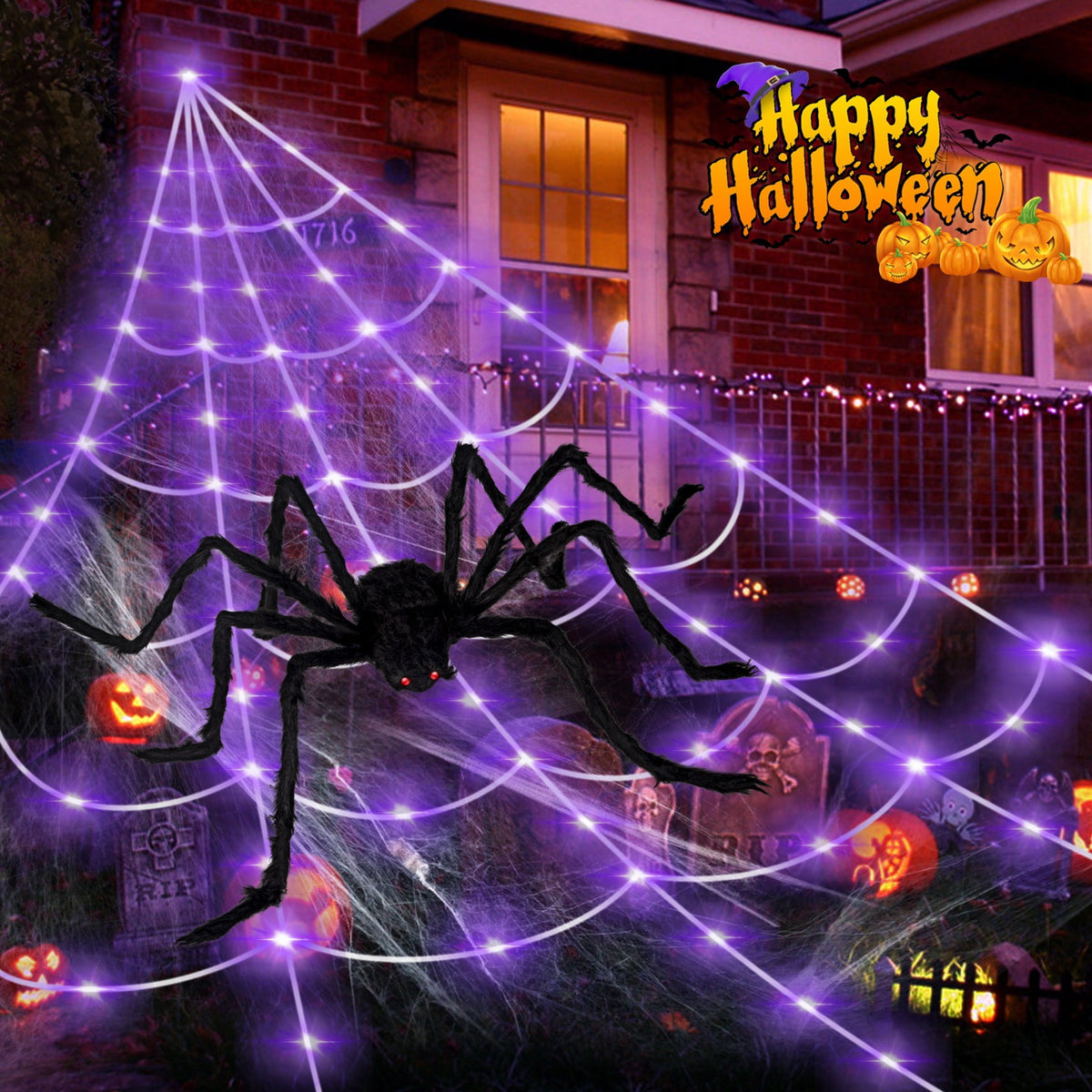 Scidweet Halloween Decorations Outdoor, 350 LED Halloween Spider Web Lights with 79" Giant Spider for Home Garden Yard Decor