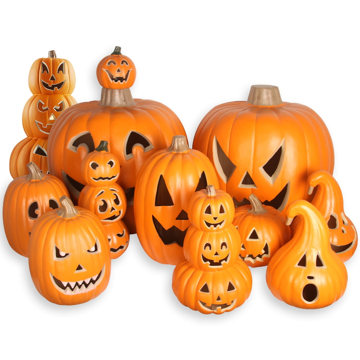3-Pack Jack O' Lantern LED Lighted Pumpkins for Halloween, 10", 15", and 16" sizes for indoor/outdoor decor.