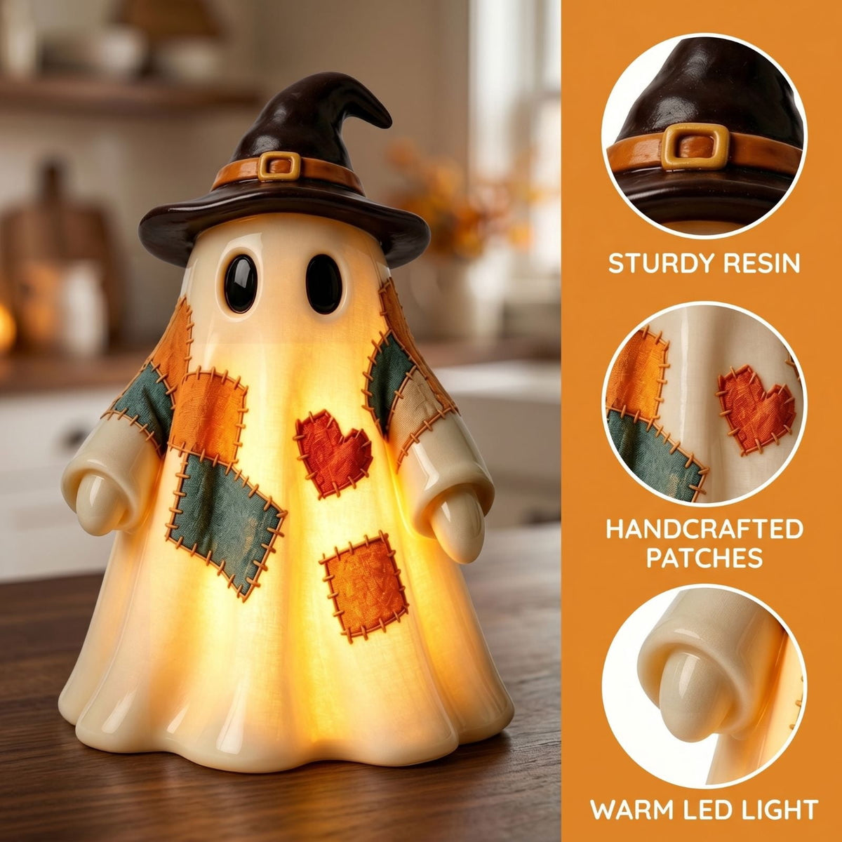 Vintage Patchwork Ghost Figurine, Cute Resin Halloween Ghost Statue with Floral Bow and Pumpkin Basket, Retro Fall Tabletop Mantel Shelf Entryway Porch Decor for Halloween Thanksgiving Home Party