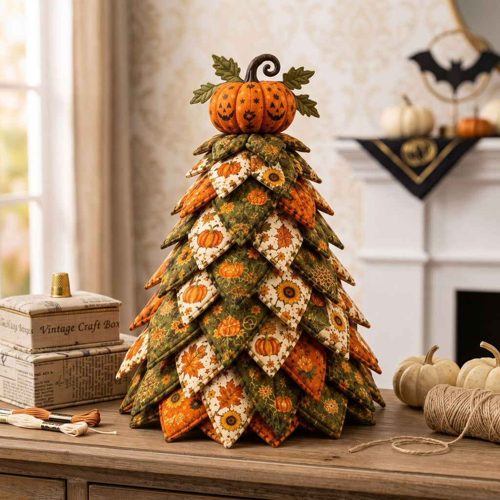 Lypsnake DIY Halloween Quilted Fabric Tree Kit, Vintage Pumpkin Sunflower Patchwork, 3D Padded Sewing Craft Project for Autumn Harvest Decor