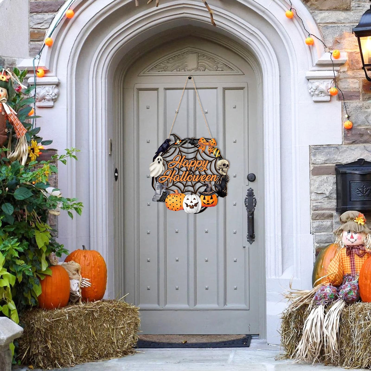 Halloween Door Wreath,Wooden Door Sign Halloween Wreath for Front Door Decoration with Ghost Black Cat Pumpkin Fall Decor