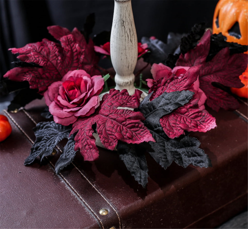 TETOU 2Pcs Halloween Candle Rings Wreath for Pillar Candle Holder, Maple Leaf Black Rose Small Wreaths for Fall Thanksgiving Home Table Centerpieces, Cabinet Decorations - Black