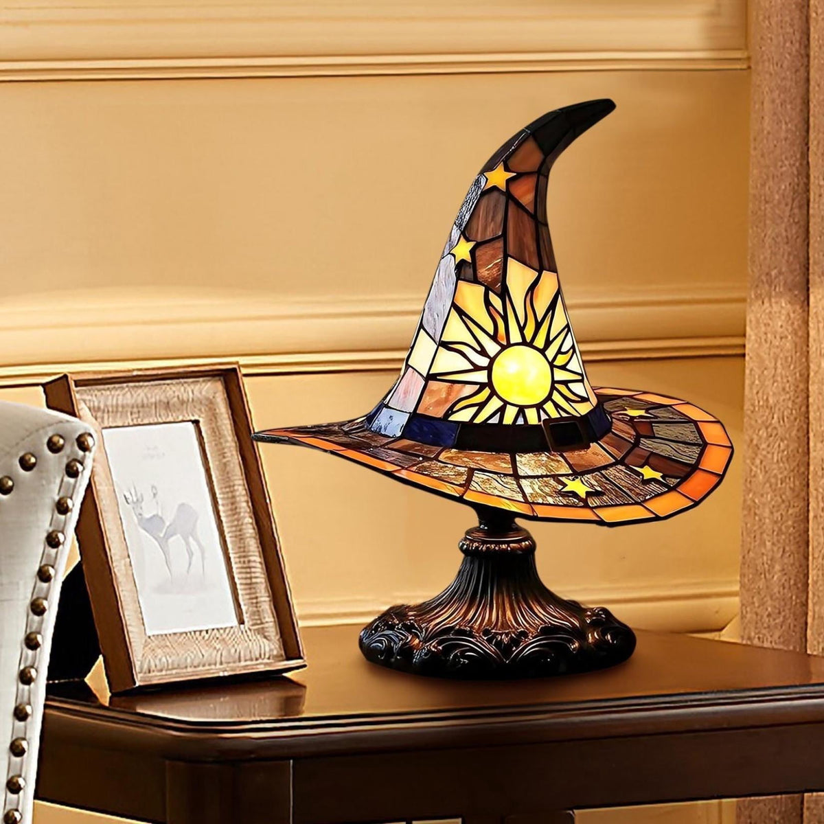 Guodhu Witch Hat Table Lamp Halloween Glowing Resin Ornament Mini Night Light for Bedroom Shelf Spooky Decor with LED(Multicolor)