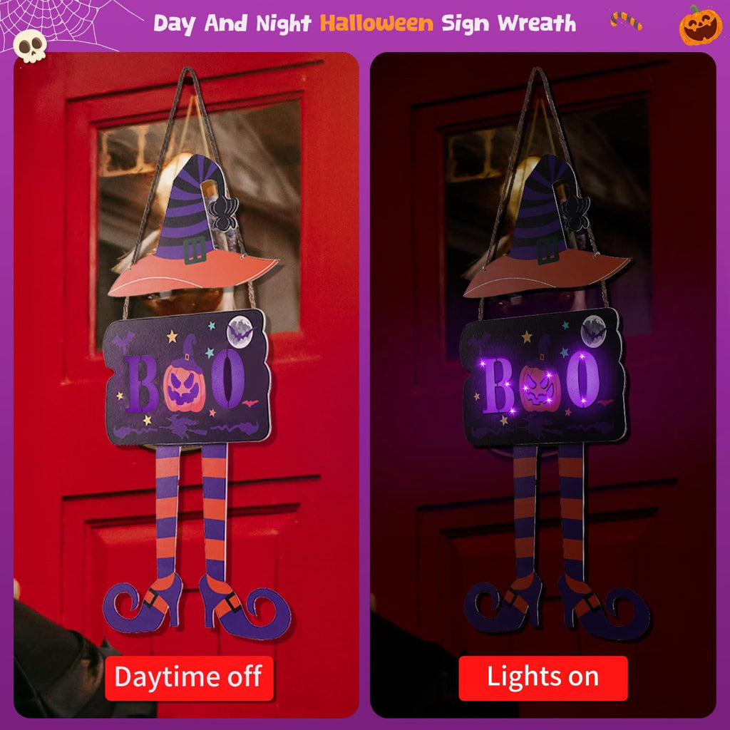JoyHue Halloween Door Sign Witch Door Decorations With Timer Light Up Halloween Wreath Boo