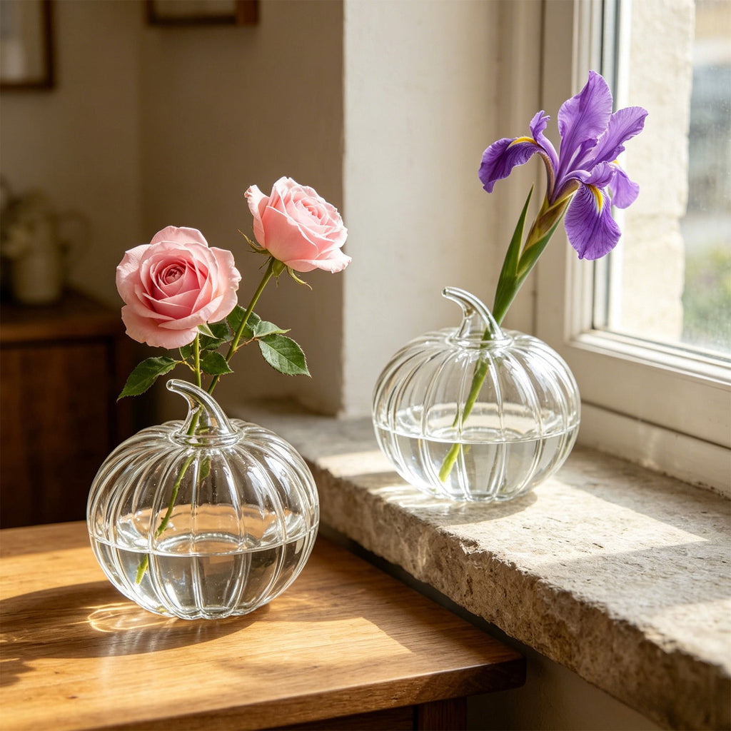 SLYNSHome Striped Glass Pumpkin Shaped Vase, Mini Hydroponic Flower Container,Clear Decorative Pumpkin Glass Centerpiece For Fall Thanksgiving Indoor Tabletop Home Decor