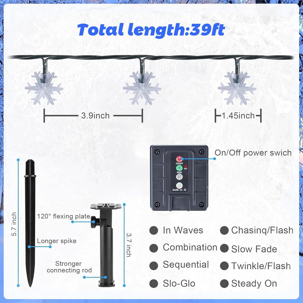 Qoosea Solar Lights Outdoor, Waterproof 100 LED Snowflake Fairy Lights, 39 ft Outdoor Christmas Decoration, String Lights for Party, Patio, Room Decor