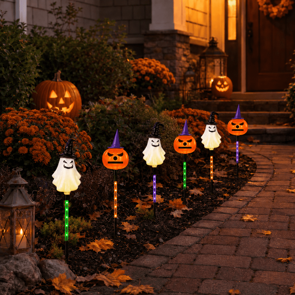 DAKIMOE Solar Halloween Path Lights, Lantern Stake Outdoor String Lights, 6-Pack