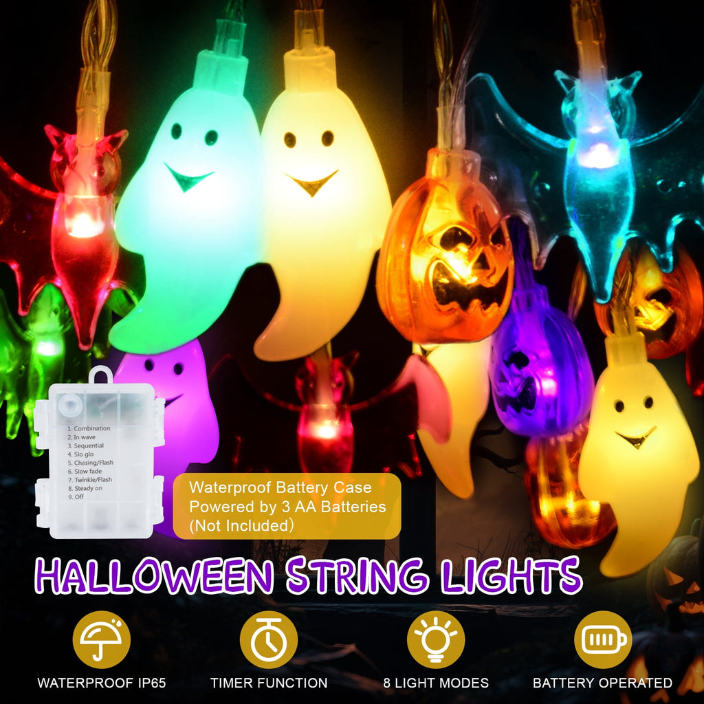 Oziral Halloween Lights Outdoor Indoor 14.76 ft 30 LED Pumpkin Bat Ghost Battery Operated String Lights Waterproof Halloween Decorations,8 Modes,Timer