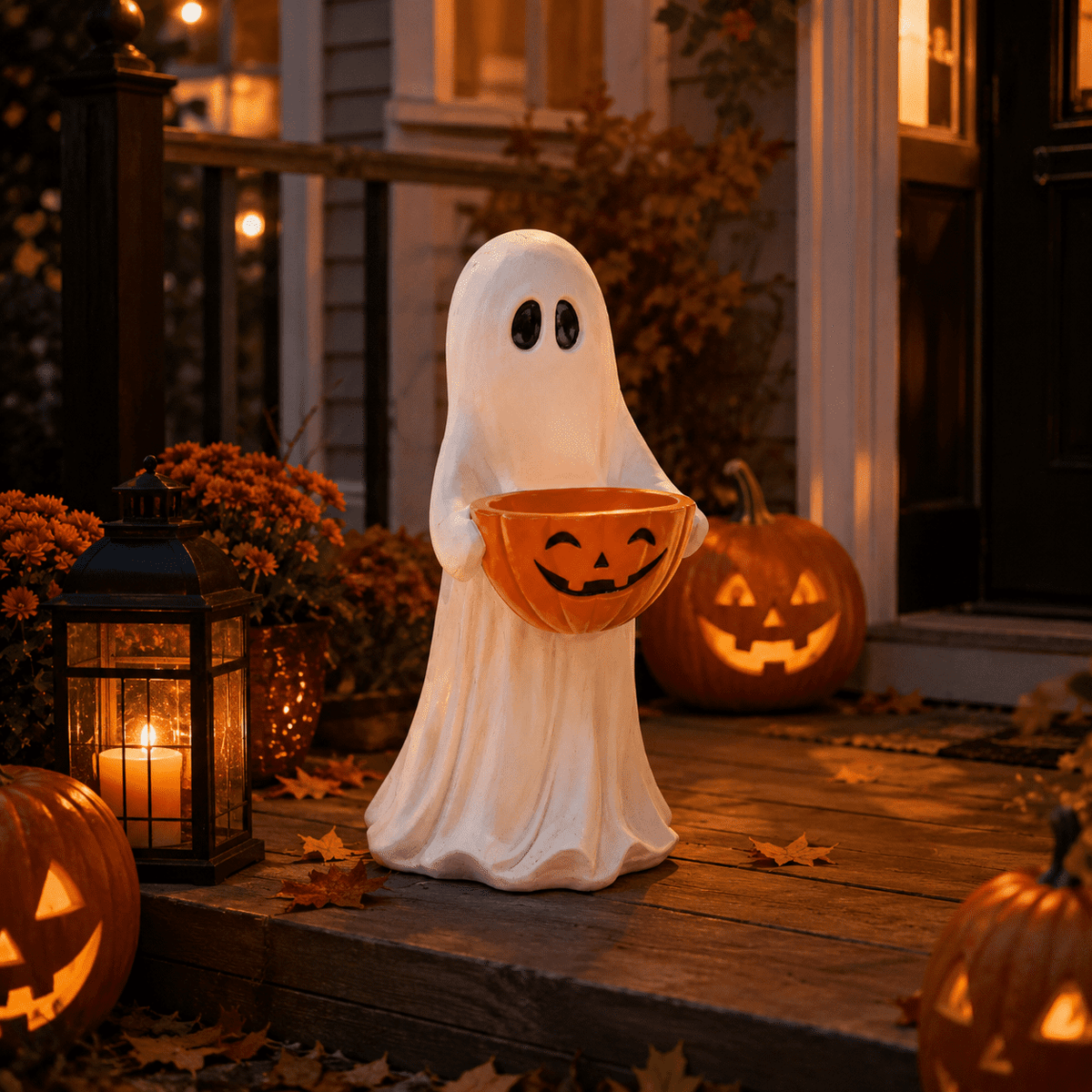 Clearance! Halloween Ghost Statue with Pumpkin Candy Bowl, 13.7 Inch Outdoor Ghost Figurine, Halloween Candy Holder Decoration for Porch Yard Patio Indoor Decor