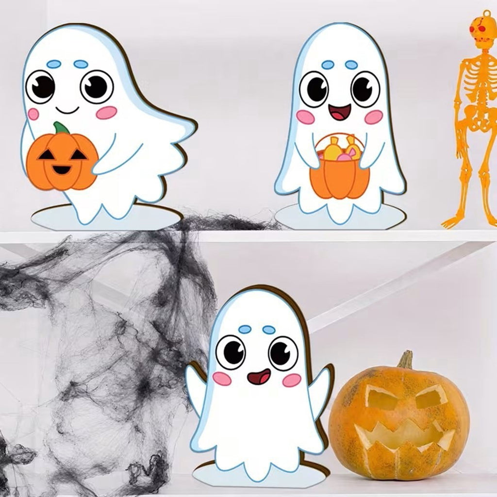 Halloween Ghost Figurine, Resin Lighted Ghost Ornament with Pumpkin Lantern & Beverage Cup, Tabletop Halloween Indoor Decor