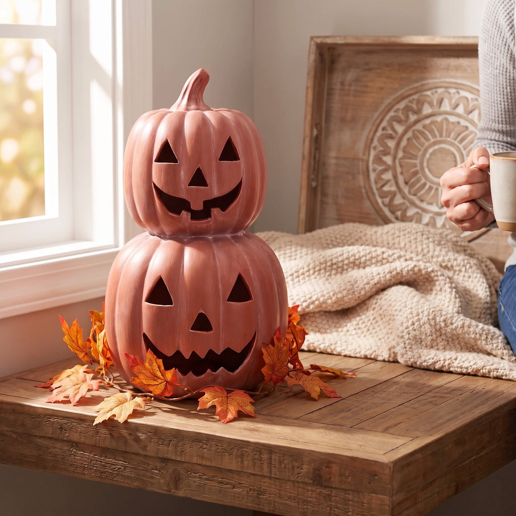 Ceramic Stacked Jack-o'-Lantern Decoration, Terracotta, 11.25", Halloween by Way To Celebrate