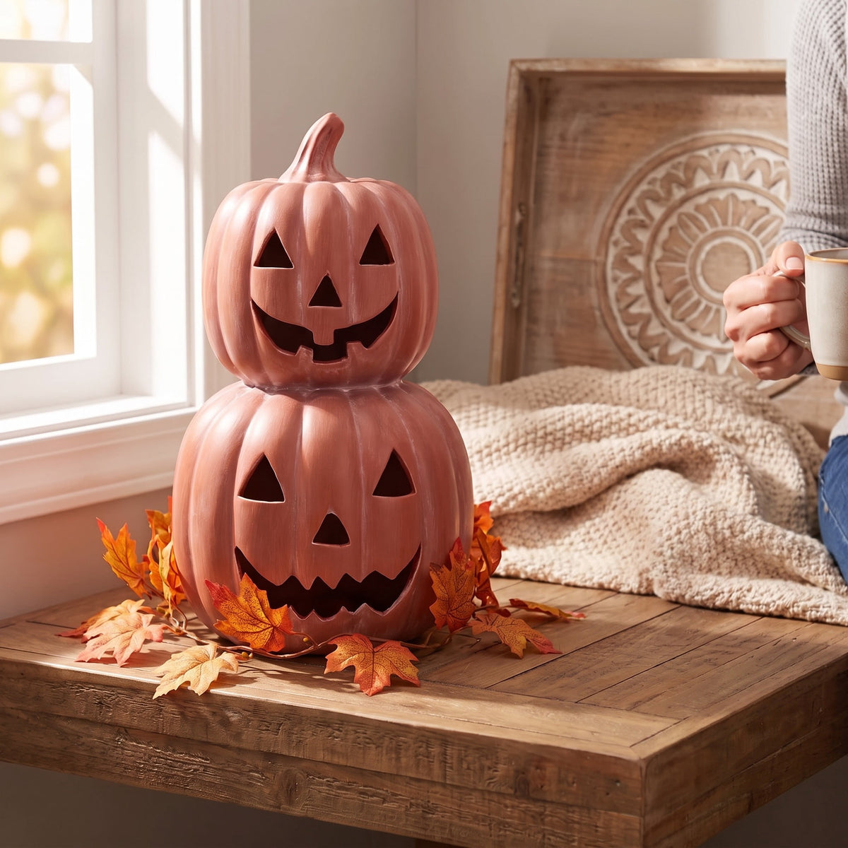 Ceramic Stacked Jack-o'-Lantern Decoration, Terracotta, 11.25", Halloween by Way To Celebrate