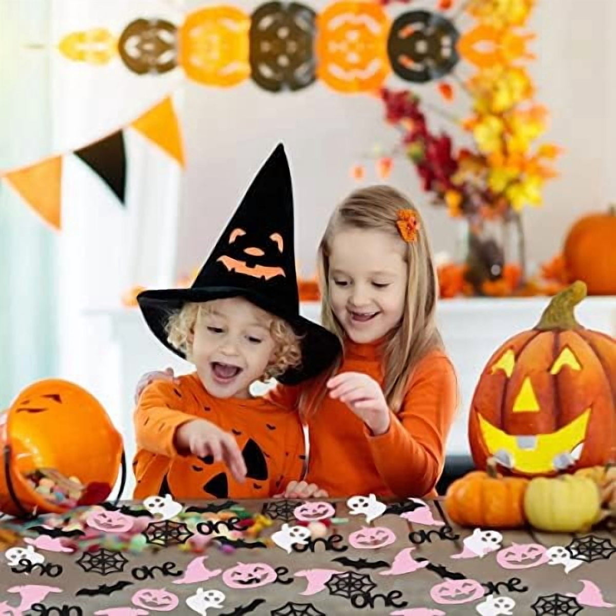 200 Piece Halloween 1st Birthday Party Confetti Pink Black Spider Web Pumpkin Bat Wizard Hat Ghost Table Decor