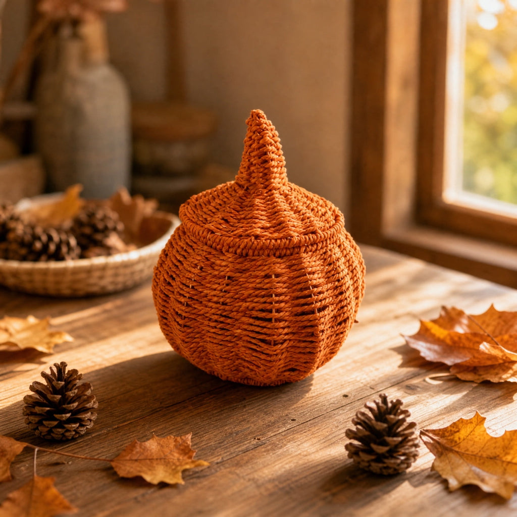 Sahpxhe Black Woven Pumpkin Basket with Lid Handmade Wicker Pumpkin Candy Baskets for Halloween Tabletop Mantel Candy Storage Decorations
