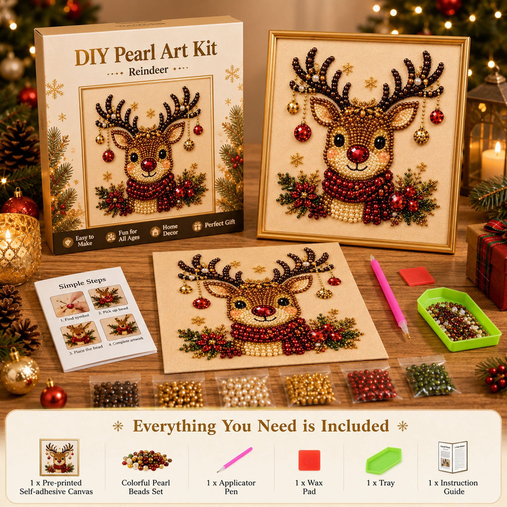 JWZZYD DIY Christmas Pearl Painting Art Kit with Frame, 9.8" Christmas Pearl Beads Art Craft Set, Gemstone Dots Beads for Holiday Christmas Wall Decor, Decoration Gift(Reindeer)