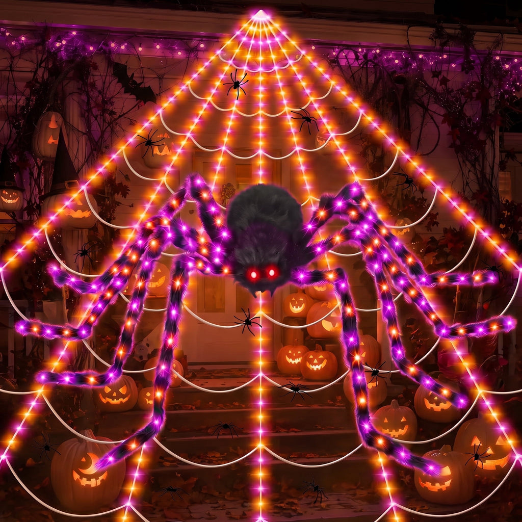 Leyaron Halloween Decorations Outdoor, 350 LED Halloween Spider Web String Lights with 79" Lighted Spider for Outdoor Garden Party Yard Porch Home Decor