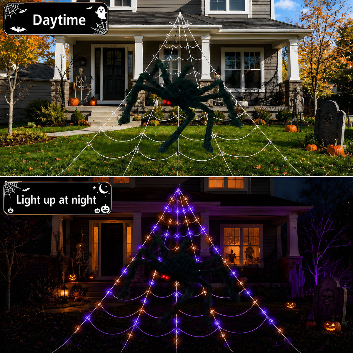 VOLIVO Halloween Spider Web Lights, 5 FT Giant Spider + 15.7 x 16.4 FT Light-up Triangular Web, 250 LED 8 Modes Waterproof Decor for Indoor Outdoor (Purple)