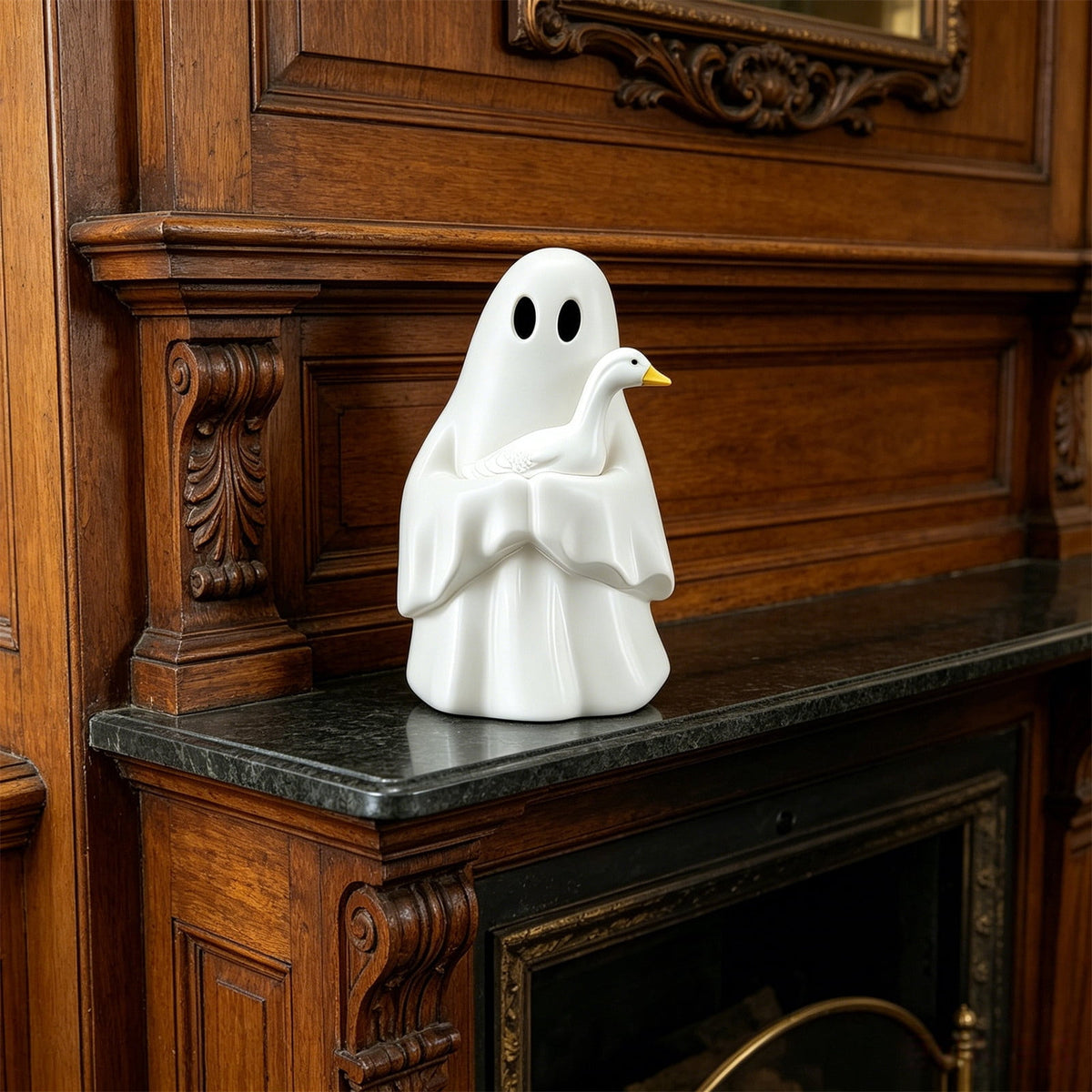 Halloween Ghost Figurine, Resin Lighted Ghost Ornament with Pumpkin Lantern & Beverage Cup, Tabletop Halloween Indoor Decor