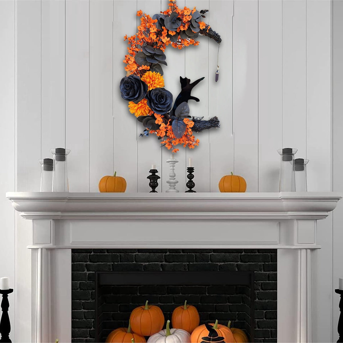 Halloween Moon & Cat Wreath with Lights - Gothic Black Branch Wreath for Front Door, Indoor/Outdoor Spooky Decor with LED Illumination