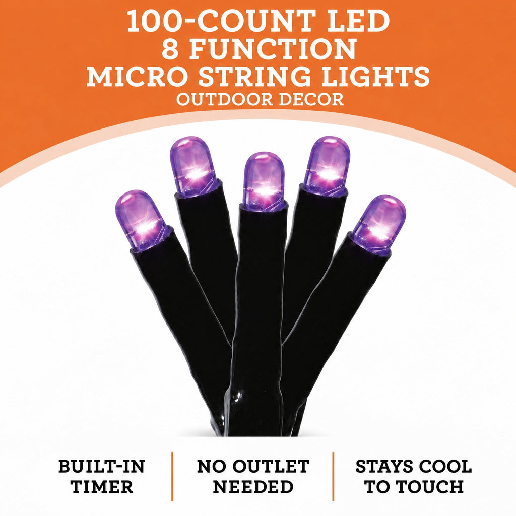 Indoor/Outdoor 100-Count Battery-Operated LED 8-Function Micro String Lights, Orange, 33', Halloween by Way To Celebrate