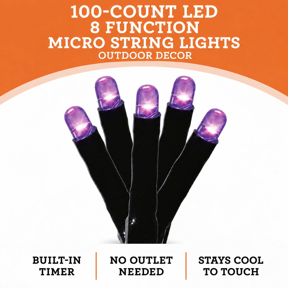 Indoor/Outdoor 100-Count Battery-Operated LED 8-Function Micro String Lights, Orange, 33', Halloween by Way To Celebrate