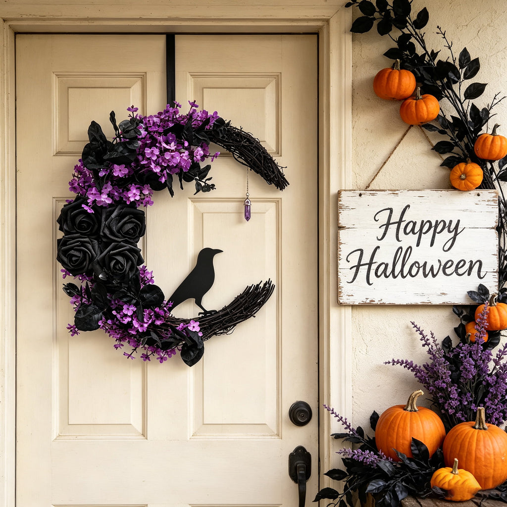 Halloween Black Cat Wreath, 14.9 in Purple and Black Crescent Wreath with Artificial Flowers and Crystal Pendant, Gothic Front Door Decor