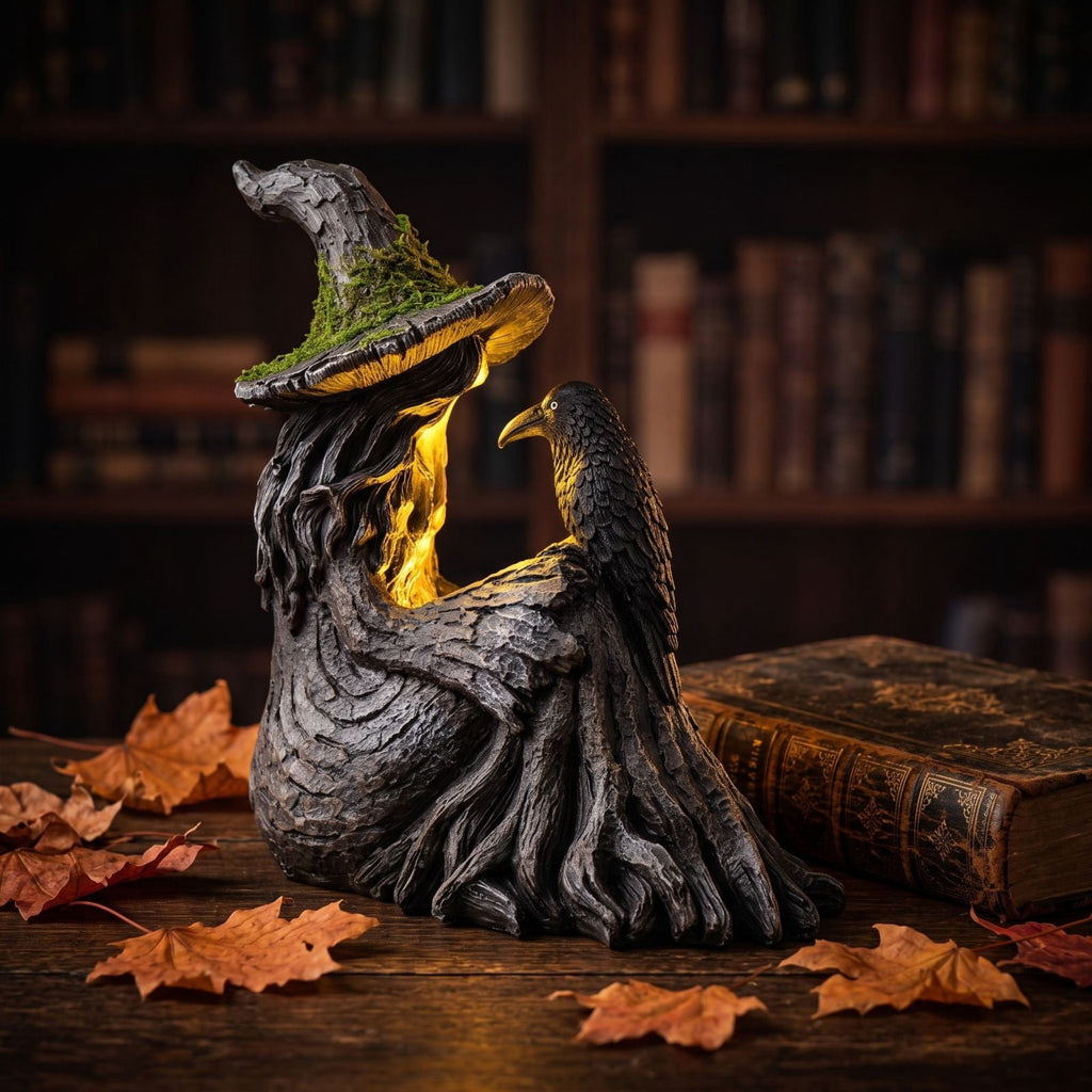 2026 New Halloween Mossy Tree Witch With Crow Light Up 7" Resin Figurine Rave Mantel Shelf Party Decorations