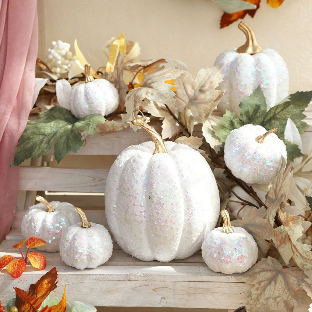 FXMLRLK Pink Velvet Pumpkins Fall Decor, 7PCS Artificial Glitter Pumpkins for Halloween Thanksgiving Day Home Centerpieces for Tables Seasonal Holiday Decor