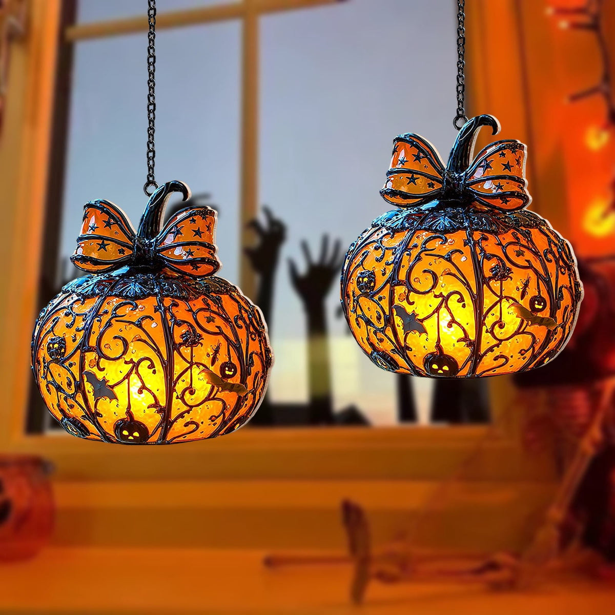 AZXY Stained Glass Hanging Pumpkin Ornament, Halloween Decor, Halloween Pumpkins, Halloween Decorations, Halloween Party Decor,Bat Star Pumpkin Hanging Decor for Indoor Window Tabletop