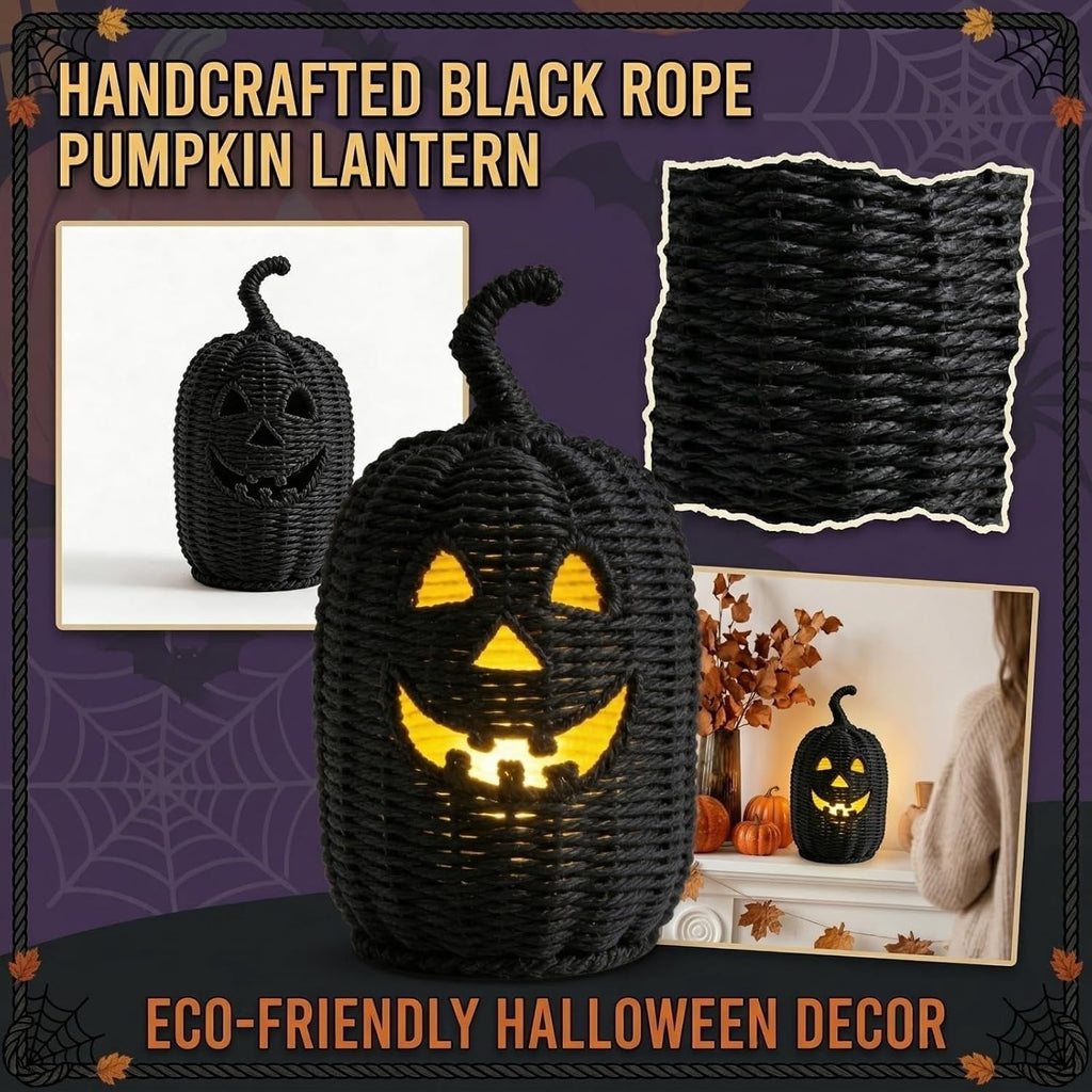 Halloween Woven Seagrass Pumpkin for Spooky Halloween Candy Storage and Home Decor, Black Handcrafted Witch Hat Woven Seagrass Lantern for LED Candy（B）