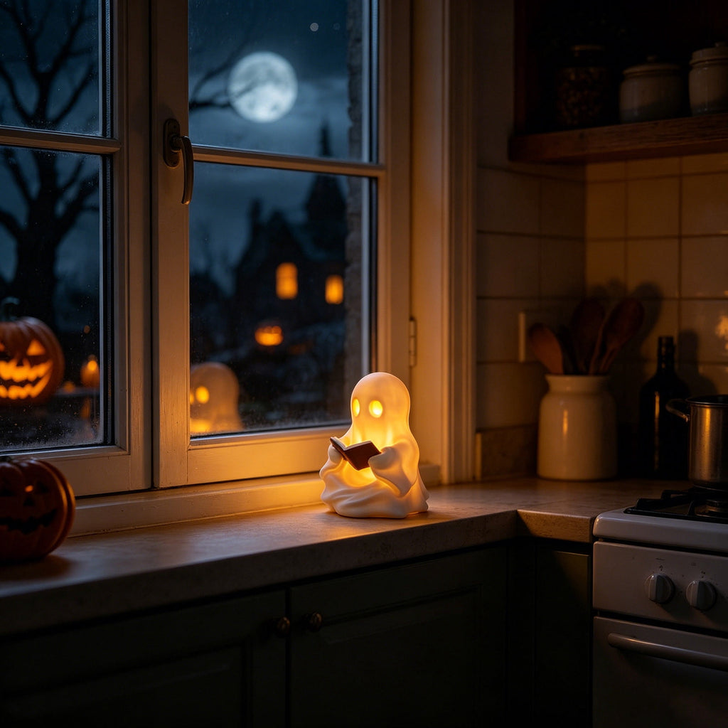 Halloween Ghost Figurine, Resin Lighted Ghost Ornament with Pumpkin Lantern & Beverage Cup, Tabletop Halloween Indoor Decor