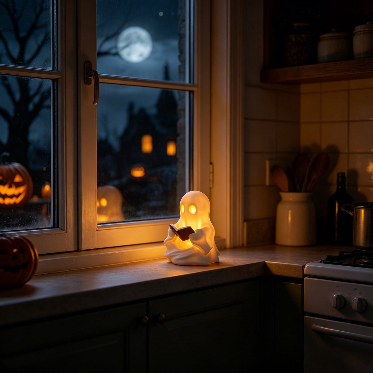 Halloween Ghost Figurine, Resin Lighted Ghost Ornament with Pumpkin Lantern & Beverage Cup, Tabletop Halloween Indoor Decor