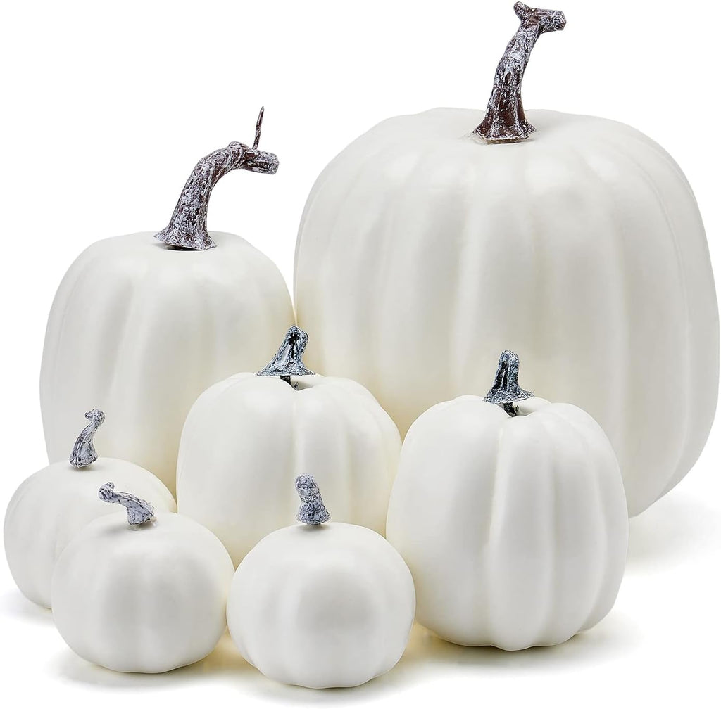 7Pcs Artificial Pumpkins Fall Decoration Assorted Faux Pumpkin Cute Foam Pumpkins for Home Outside Halloween Decorating