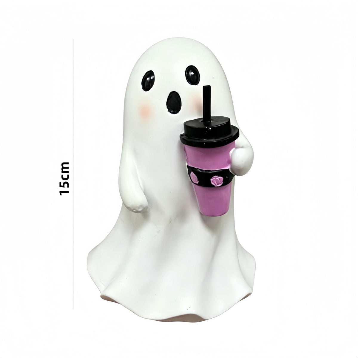 Halloween Ghost Figurine, Resin Lighted Ghost Ornament with Pumpkin Lantern & Beverage Cup, Tabletop Halloween Indoor Decor