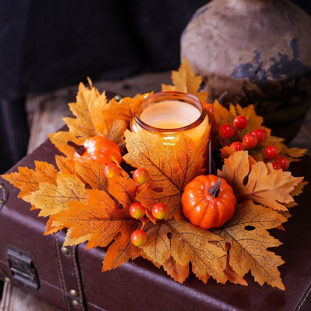 TETOU 2Pcs Halloween Candle Rings Wreath for Pillar Candle Holder, Maple Leaf Black Rose Small Wreaths for Fall Thanksgiving Home Table Centerpieces, Cabinet Decorations - Black