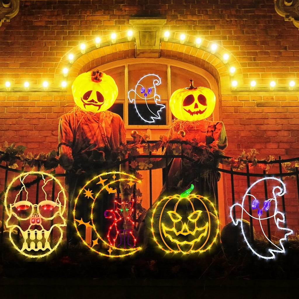 16" Halloween Window decorate Plug Light Ghost Cat on Moon Skull Head Pumpkin door decor-4 Pack Halloween Window lights