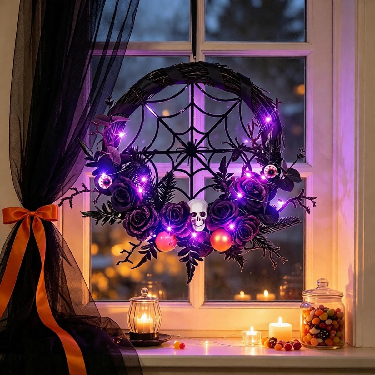 WWC Halloween Wreath, Orange LED Pumpkin and Bats Wreath, Gothic Halloween Decorations Wreath for Front Door, Indoor Outdoor Party Decor