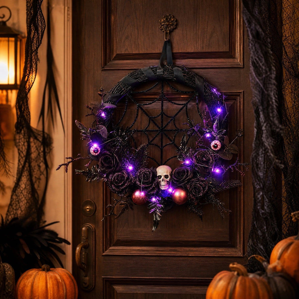 WWC Halloween Wreath, Orange LED Pumpkin and Bats Wreath, Gothic Halloween Decorations Wreath for Front Door, Indoor Outdoor Party Decor