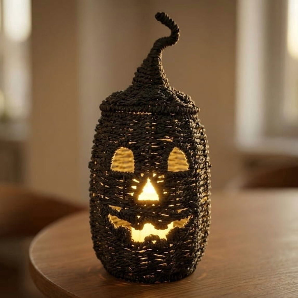 Black Halloween Woven Pumpkin Jack-O'-Lantern with LED Candle, Hand-Woven Rattan Fall Pumpkin Lantern Decor for Home Tabletop, Mantel, Spooky Haunted House Party Supplies