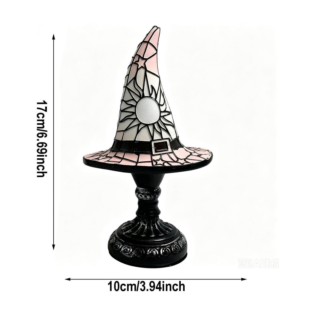 Stained Glass Witch Hat Lamp Gothic Halloween Lighting Decor, Vintage Witchy Hats Night Lights, Handcrafted Retro Resin Table Lamp for Bedroom, Living Room & Home Decor