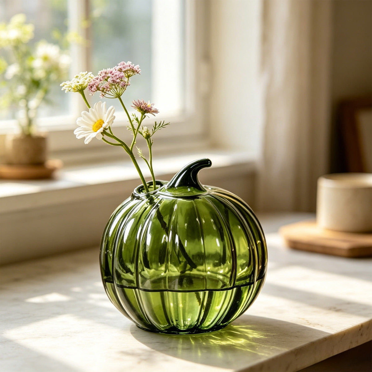 SLYNSHome Striped Glass Pumpkin Shaped Vase, Mini Hydroponic Flower Container,Clear Decorative Pumpkin Glass Centerpiece For Fall Thanksgiving Indoor Tabletop Home Decor