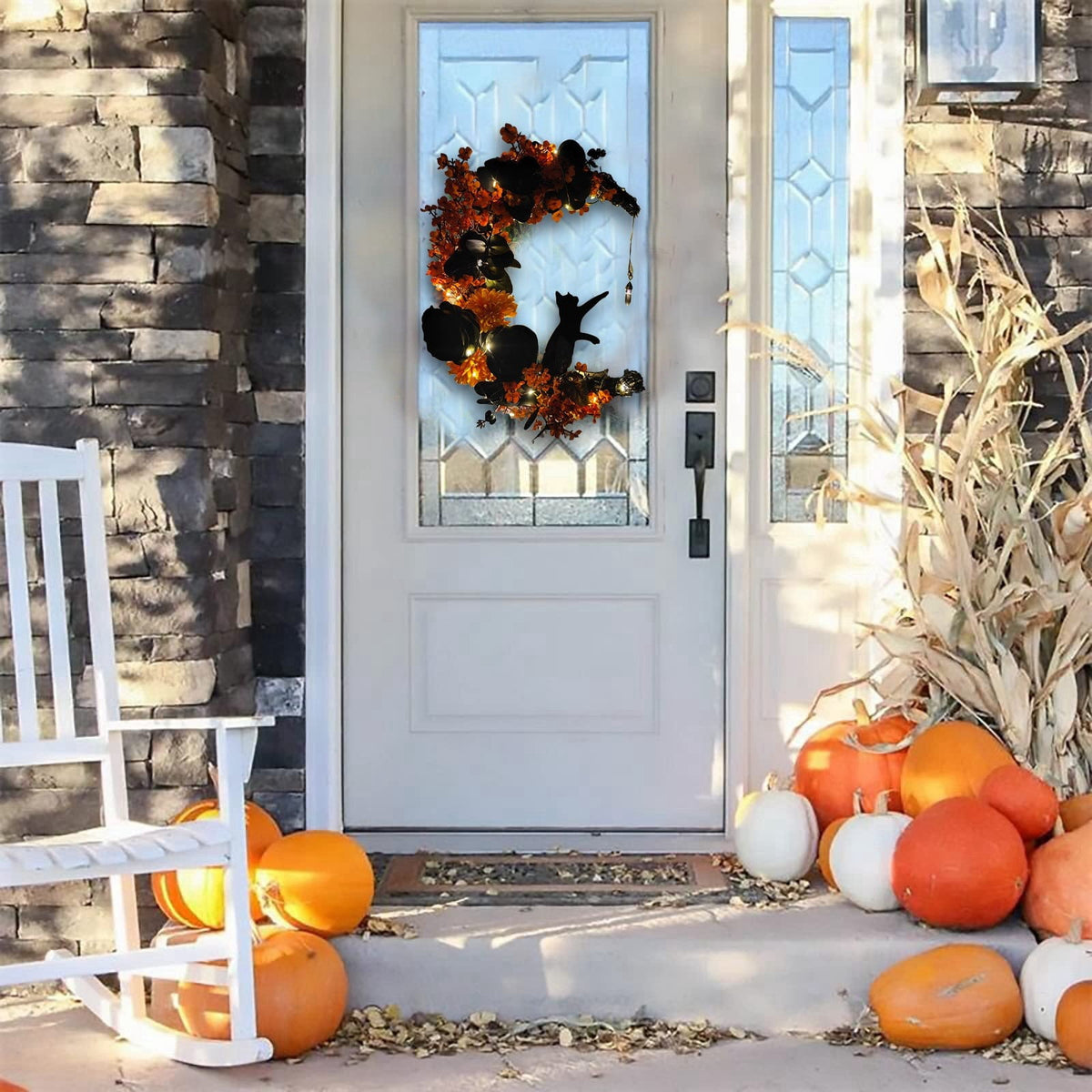 Moon Cat Wreath With Flowers And Charming Door Decoration Halloween Moon Cat Home Decor Gift Halloween Party Decorations For Cat Lovers With Lights Halloween Decorations