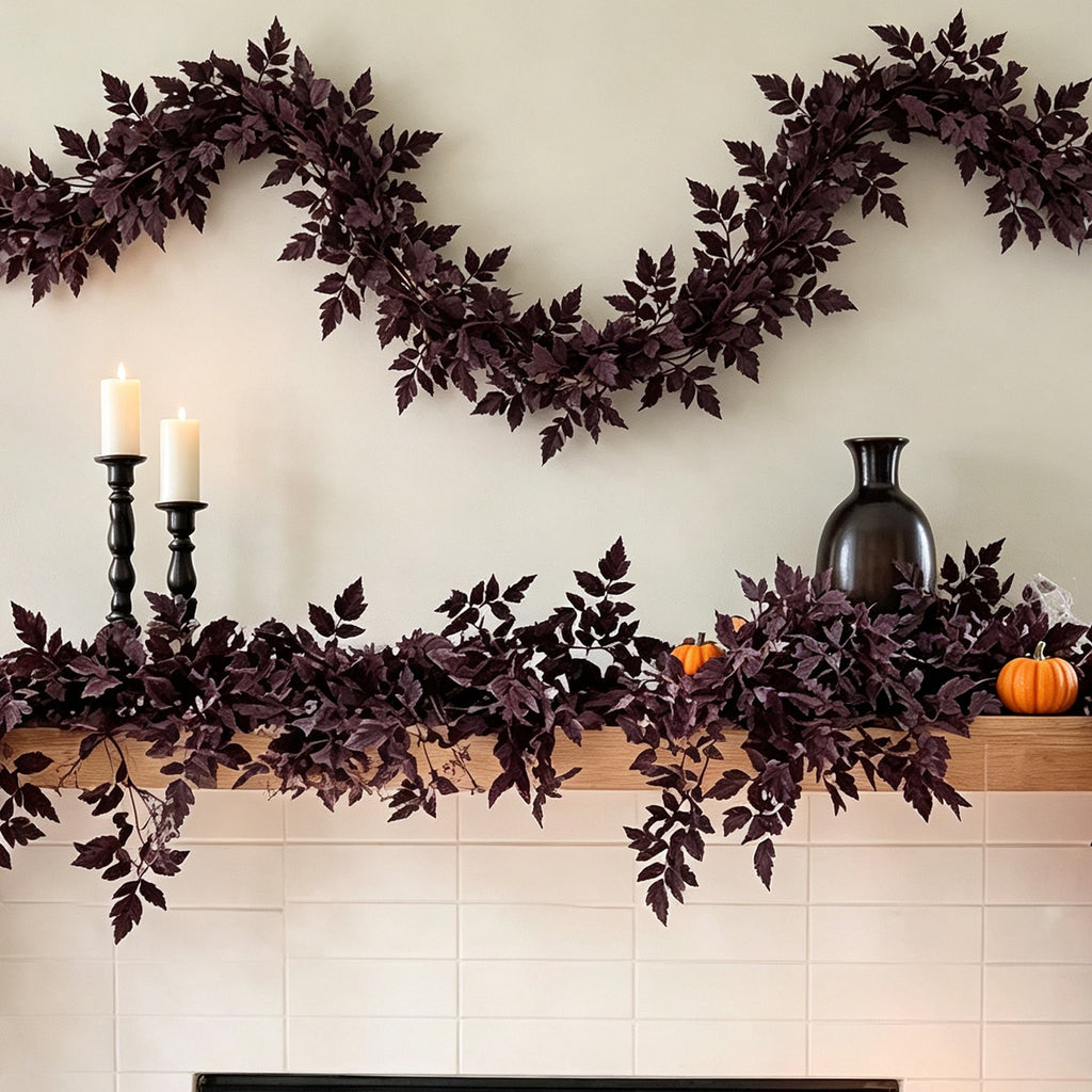 Halloween Black Garland with LED Lights 70.87 Inch Gothic Foliage for Mantel Stair Halloween Party Home Indoor Decor