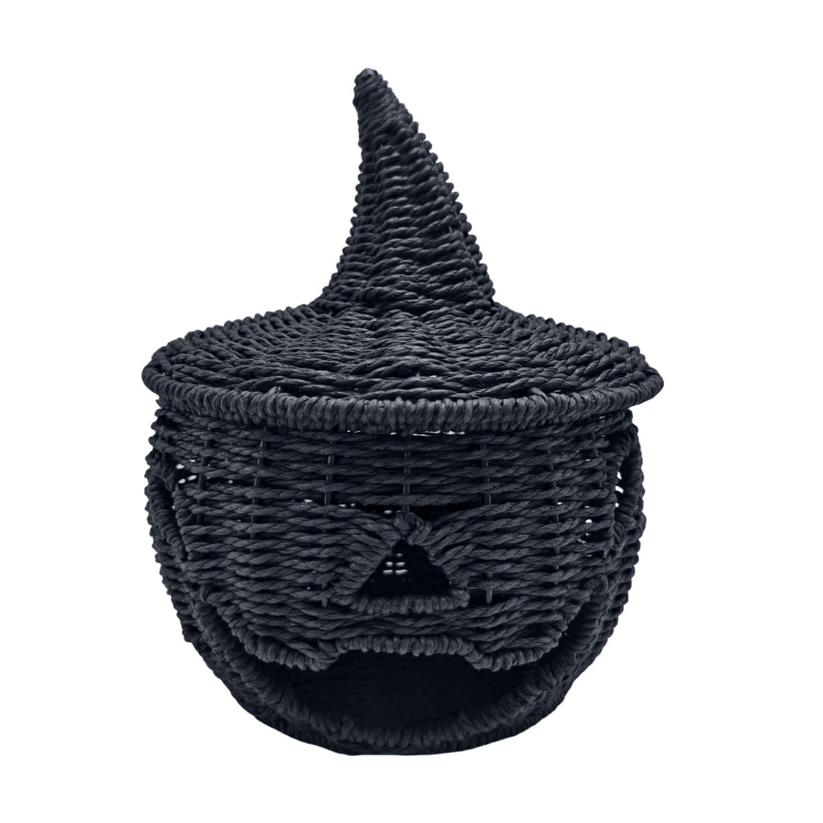 Aximioll Halloween Black Woven Jack-O-Lantern Pumpkin Decor, Hand Woven Rattan Wicker Style Statue, Trick or Treat Candy Bowl Lantern for Porch Entryway Fireplace Mantel Table, Black, 11 Inches