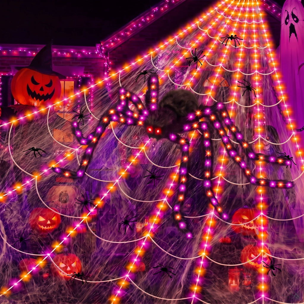 Leyaron Halloween Decorations Outdoor, 350 LED Halloween Spider Web String Lights with 79" Lighted Spider for Outdoor Garden Party Yard Porch Home Decor