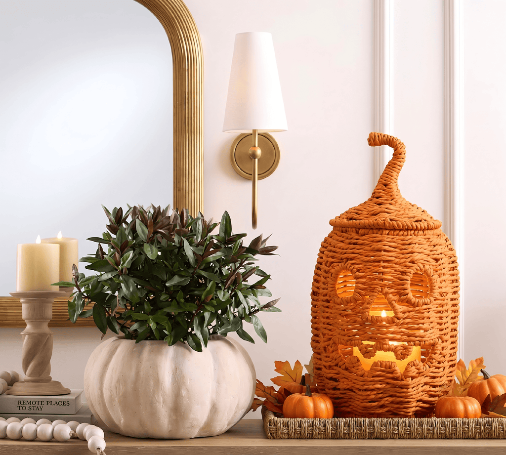 Guvpev 12" Handcrafted Woven Ghost - White Faux Rattan & Metal Ghost Figurine, Halloween Spooky Table Centerpiece & Fall Porch Decor for Indoor Outdoor