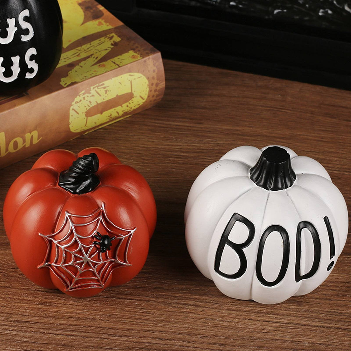 Uanit Halloween Pumpkin Decoration Indoor with Spooky Bat Boo Spider Web Halloween Table Decor Resin Cute Pumpkin Ornament for Tabletop Garden Atmosphere Decoration