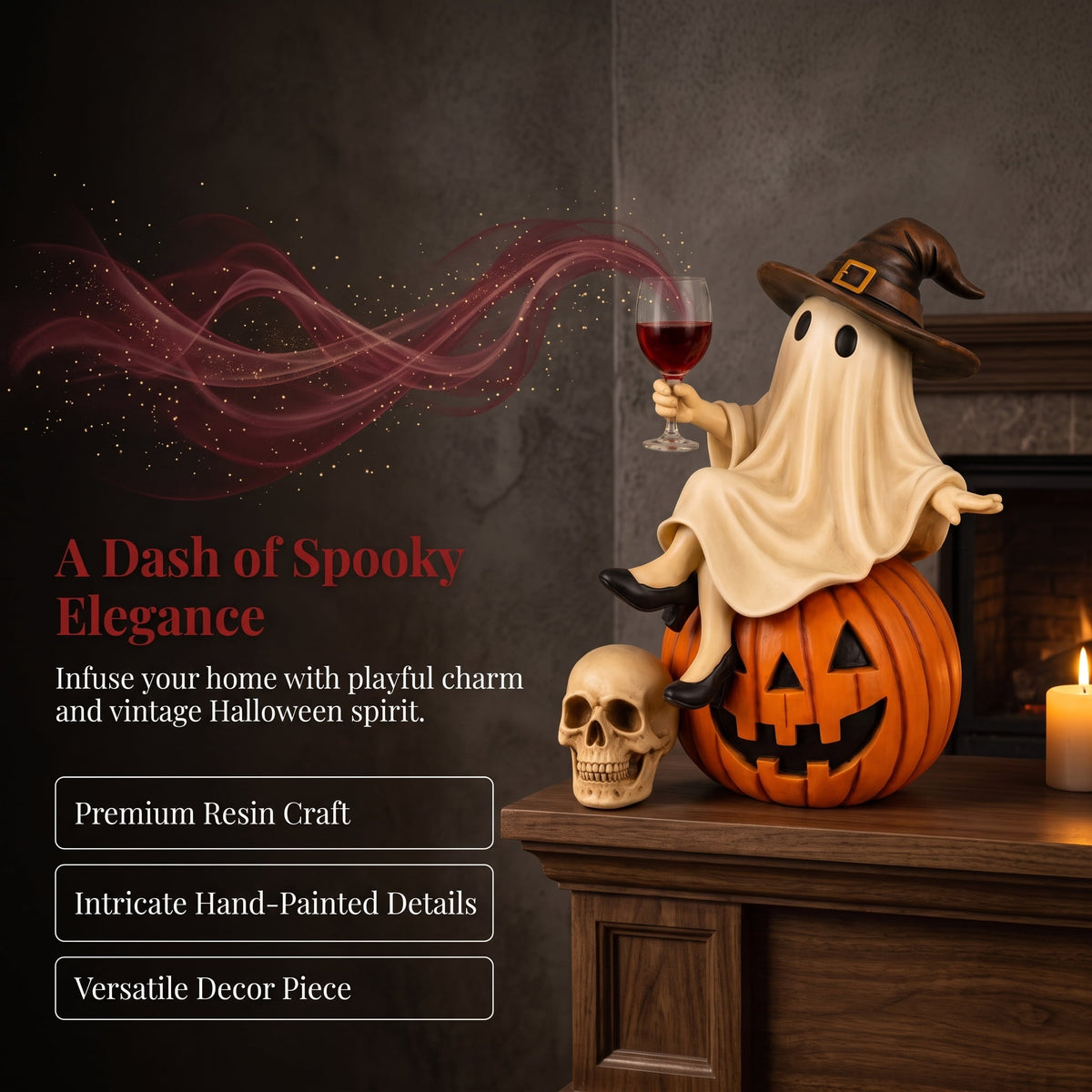 Ghost Decor, Halloween Figurines, Ghost Drinking Coffee Figurine, Witch on Pumpkin, Wine Glass, Spooky Home Accent