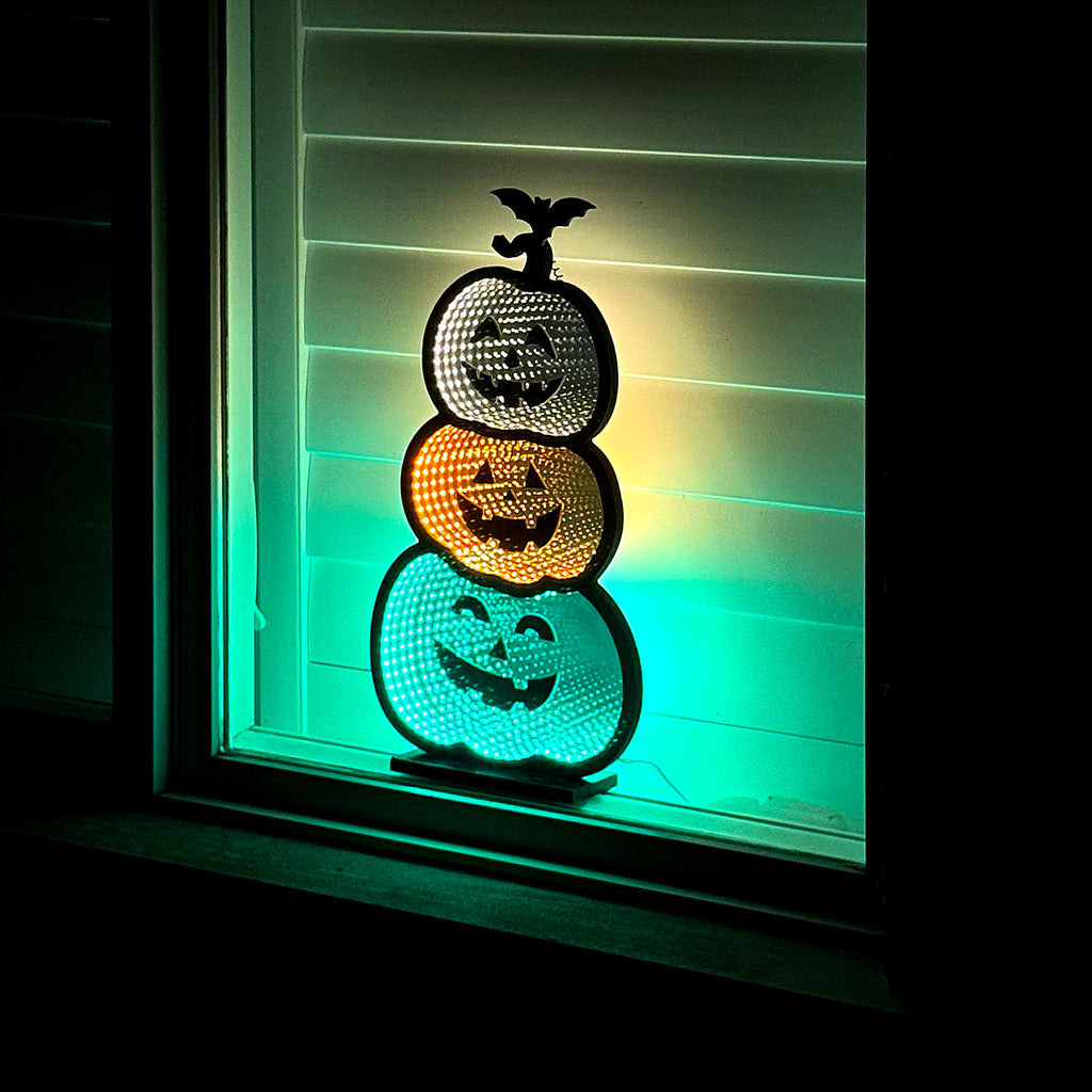 3 Stacked Pumpkins Infinity Mirror Light with Stand - LED Lighted Halloween Decoration - USB-Powered - 3D LED Infinity Light - Indoor Seasonal Decor for Tables or Windows - 11" x 21"